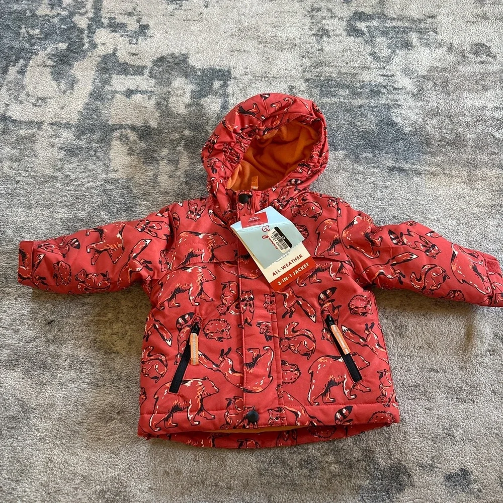 Cat and Jack 3 in 1 Jacket Boys 12 Months Orange Fleece Warm Winter Coat NEW